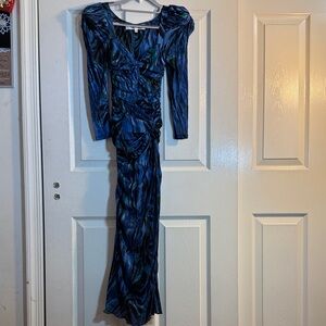 Diane Von Furstenberg Blue and Black 3/4 Sleeve Ruched Body Fit Midi Maxi Sz XS